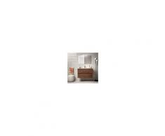 Bagno Mobile sospeso 90 cm in legno marrone Acacia con lavabo in porcellana Con specchio e lampada LED