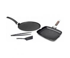 Set 4 Pezzi Bistecchiera + Piastra Multiuso In Alluminio Pressofuso Antiaderente Minzoni Super Cook