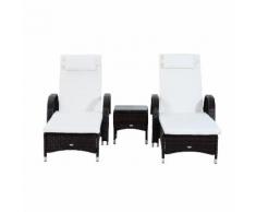 Set 2 Lettini Prendisole Da Giardino In Rattan Sintetico Reclinabili Imbottiti Con Rotelle E Tavolino Marrone Miozzi