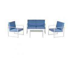 Set Salotto Da Giardino Divano 2 Poltrone E Tavolino In Metallo Bianco E Blu
