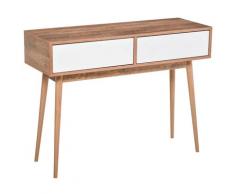 Consolle Ingresso 2 Cassetti 100x35x75 Cm In Legno Bianco E Teak