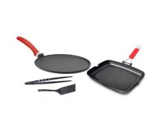 Set 4 Pezzi Bistecchiera + Piastra Multiuso In Alluminio Pressofuso Antiaderente Minzoni Red Cook