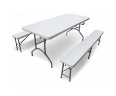 Set Birreria Da Giardino Pieghevole Tavolo + 2 Panche In Acciaio E Hdpe Bauer Bianco