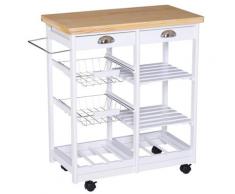 Carrello Da Cucina Con Cassetti E Portabottiglie Legno E Bianco Benzoni