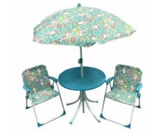 Set Tavolino + 2 Sedie Da Giardino Per Bambini Soriani Unicorni Blu