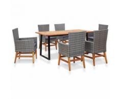 Set Pranzo da Giardino 7 pz Polyrattan e Legno Acacia Grigio