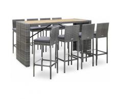 Set da Bar da Giardino 9 pz Polyrattan e Legno Acacia Grigio