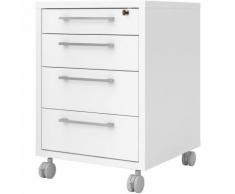 Cassettiera 4 Cassetti Bianca con Rotelle Chiave Legno Ufficio Scrivania Ruote