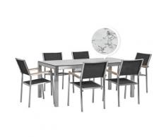 Set tavolo da giardino effetto marmo 180 cm e 6 sedie tessuto nero GROSSETO