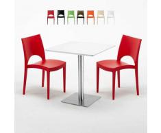 Tavolino Quadrato Bianco 70x70 cm con Base in Acciaio e 2 Sedie Colorate PARIS STRAWBERRY | Rosso