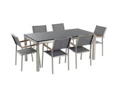 Set di tavolo e 6 sedie da giardino in acciaio, basalto e fibra tessile grigia- piano singolo- Nero