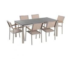Set di tavolo e 6 sedie da giardino in acciaio, granito e fibra tessile beige - piano singolo