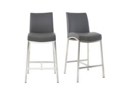 Miliboo - Sgabello da bar alluminio spazzolato PU grigio scuro 66cm set di 2 OLLY