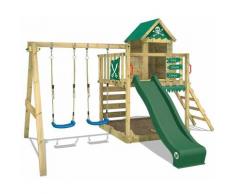 WICKEY Parco giochi in legno Smart Cave Giochi da giardino con altalena e scivolo verde Casetta da