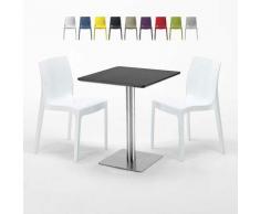 Tavolino Quadrato 60x60 cm Base Silver e Top Nero con 2 Sedie Colorate ICE PISTACHIO | Bianco