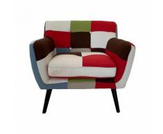 Poltrona in tessuto patchwork 84 cm con gambe in legno massello seduta imbottita