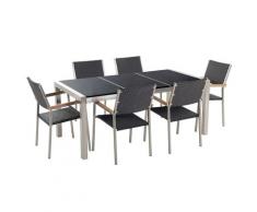 Set di tavolo e sedie da giardino in acciaio, basalto e rattan - 180cm - Nero lucido - GROSSETO