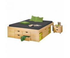 Letto con contenitori e comodino c/ruote in massello finitura naturale