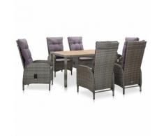 Set Pranzo da Giardino 7 pz Polyrattan e Legno Acacia Grigio