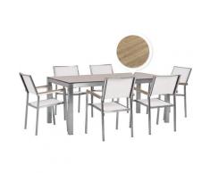 Set tavolo da giardino effetto legno 180 cm e 6 sedie tessuto bianco GROSSETO