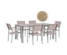 Set tavolo da giardino effetto legno 180 cm e 6 sedie tessuto beige GROSSETO