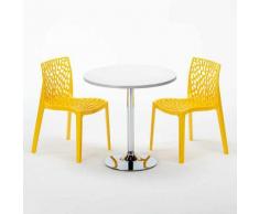 Tavolino Rotondo Bianco 70x70 cm con Base in Acciaio e 2 Sedie Colorate GRUVYER ISLAND | Giallo