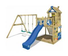 WICKEY Parco giochi in legno Smart Sparkle Giochi da giardino con altalena e scivolo blu Casetta da