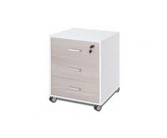 Cassettiera scrivania ufficio in legno 3 cassetti olmo e bianco fiammato, con serratura e ruote.