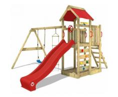 WICKEY Parco giochi in legno MultiFlyer Giochi da giardino con altalena e scivolo Rosso, Torre di