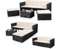 Mobili in rattan nero gruppo di seduta Poly Rattan divano e 2 sgabelli Lounge