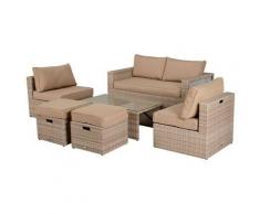 Salotto Da Giardino In Pe Rattan 6 Pezzi Con Divano 2 Poltroncine 2 Pouf E Tavolino Cachi E Beige