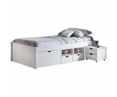 Letto con vani contenitore e comodino c/ruote incluso in pino massello verniciato ad acqua bianco
