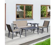 Outsunny Set Mobili da Esterno in Rattan Panca con Poltroncine e Tavolo, Marrone e Beige