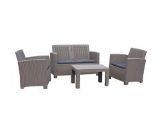 Set da Giardino Santorini in Resina 1 Divano 2 Posti + 2 Poltrone + 1 Tavolo Beige con Cuscini