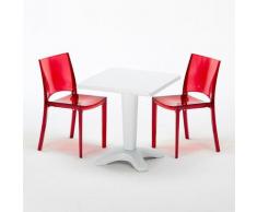 Tavolino Quadrato 70x70 cm e 2 Sedie Colorate Trasparenti CAFFÈ | B-Side Rossa Trasparente - Bianco