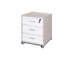 Cassettiera scrivania ufficio in legno 3 cassetti olmo e bianco fiammato, con serratura e ruote.