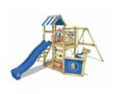 WICKEY Parco giochi in legno SeaFlyer Giochi da giardino con altalena e scivolo Blu, Casetta