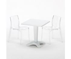 Tavolino Quadrato 70x70 cm e 2 Sedie Colorate Trasparenti Caffè | Femme Fatale Trasparente - Bianco