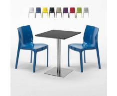 Tavolino Quadrato 60x60 cm Base Silver e Top Nero con 2 Sedie Colorate ICE PISTACHIO | Blu