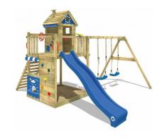 WICKEY Parco giochi in legno Smart Lodge 150 Giochi da giardino con altalena e scivolo blu Casetta