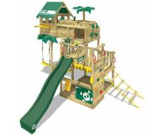 WICKEY Parco giochi in legno Smart Castaway Giochi da giardino con altalena e scivolo verde Casetta