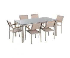 Set di tavolo e 6 sedie da giardino in acciaio, granito e fibra tessile beige - piano singolo