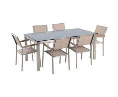 Set tavolo e sedie da giardino - In vetro temperato nero e fibra tessile beige - tavolo 180 con 6
