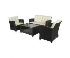 Set Mobili Da Giardino 4 Pezzi In Rattan Pe Tavolino. Divano E Poltrone Nero Con Cuscini Beige
