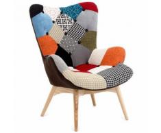 Poltrona imbottita con schienale alto piedi in legno in tessuto patchwork