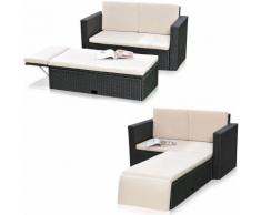 Polyrattan divano da giardino e poggiapiedi pieghevole Lounge poltrona mobili da giardino nero