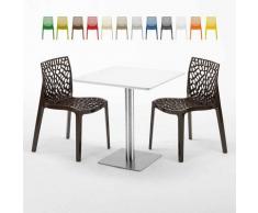 Tavolino Quadrato Bianco 70x70 cm con Base in Acciaio e 2 Sedie Colorate ICE STRAWBERRY | Marrone