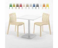 Tavolino Quadrato Bianco 70x70 cm con 2 Sedie Colorate GRUVYER MERINGUE | Beige