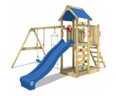 WICKEY Parco giochi in legno MultiFlyer Giochi da giardino con altalena e scivolo Blu, Torre di