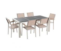 Set di tavolo e 6 sedie da giardino in acciaio, basalto e fibra tessile beige - Nero lucido - 180cm